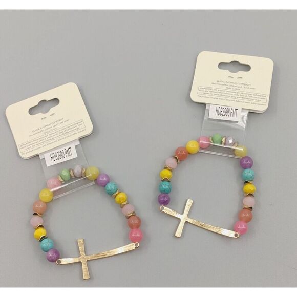 Set of 2 Cross Gold Tone Bracelet Beaded Hammered Catholic Religious Easter Gift - Picture 6 of 15